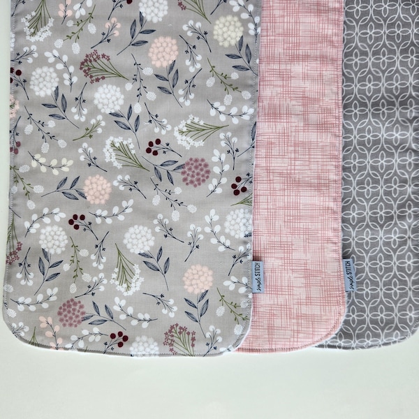 Baby Burp Cloths. Modern Cotton + Minky Burp Cloth. Handmade Girl Baby Shower Gift. Newborn Essential. New Mom Gift. Gray + Pink Floral.