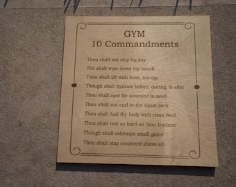 Gym 10 Commandments Wall Sign | Engraved Wooden Fitness Decor | Funny Gym Gift for Him | Home Gym Wall Art