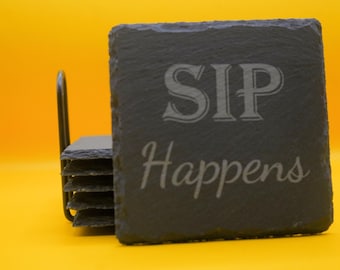 Funny Engraved Slate Coasters | Sip Happens and Pour Decisions | Housewarming Gift Set | Unique Bar Decor for Home