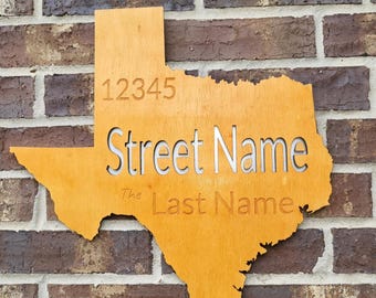 Custom State Address Sign | Personlized House Number & Last Name | Wooden State Shape Home Decor | Texas (All States Available)