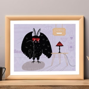 Mothman In Antique Lamp Shop art print | mothman, cryptid, art, art print, 8x10, gift, design, decor