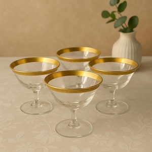 Tiffin Franciscan 1960s Laurel 4 Gold Encrusted Rim Sherbet Coupe Glasses 4x3.5”