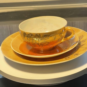 Nippon Antique 1920’s Peach Lusterware Eggshell Set  Thistle Cup Saucer Dessert