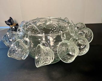 Indiana Glass 1960s Celebration Rose Complete 26 Pieces Punch Bowl Set NIB