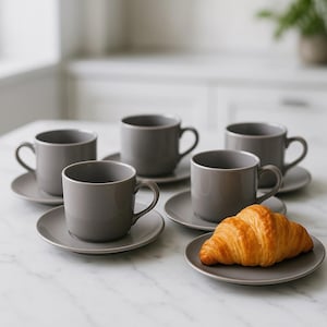 Mikasa Japan Vintage Jaren 80 Kleur Klassiekers Houtskoolgrijs Set 4 kopjes en schoteltjes