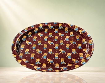Hershey’s 1980s Teddy Bear Burgundy Oval Promotional Tin Tray, 14.5x11.5”