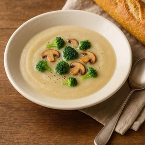 Puede incluir: Un cuenco de sopa cremosa adornada con floretes de brócoli y champiñones en rodajas. Una baguette crujiente descansa sobre una servilleta de lino junto al cuenco. Una cuchara de plata está colocada sobre la servilleta. La sopa está sobre una superficie de madera.