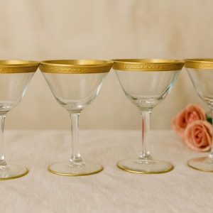 Tiffin Franciscan 1960s Laurel 4 Gold Encrusted Cocktail Coupe Glasses, 4x3.5”