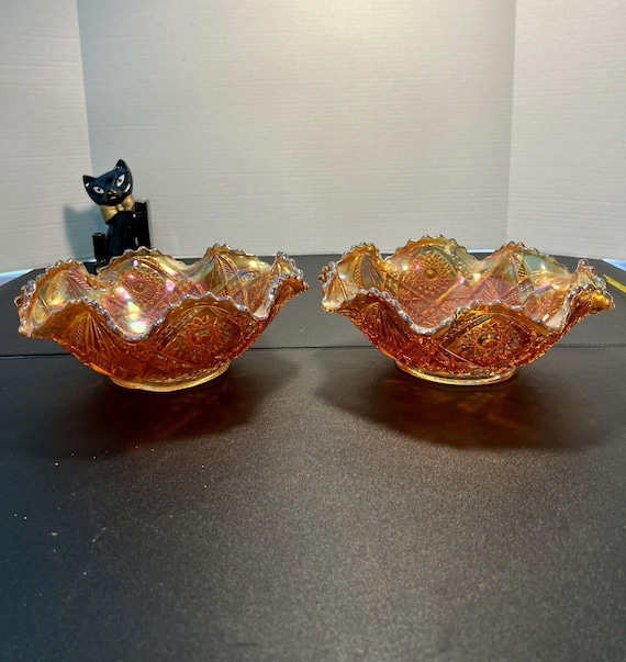 Imperial Vintage 1920s 2 Hobstar & Arches Marigold Carnival Glass