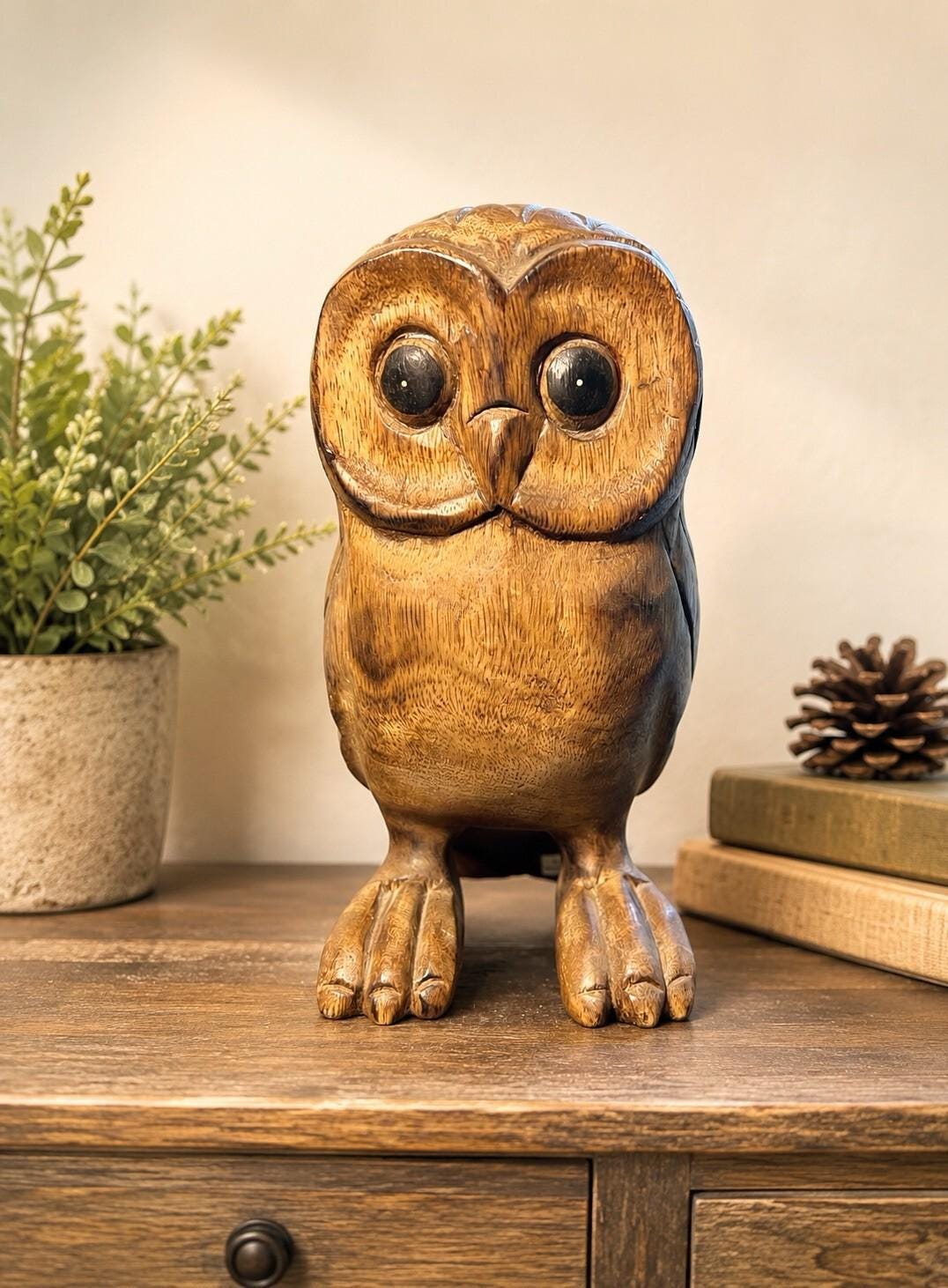 Thailand Vintage 1990s Hand Carved Raintree Wood Owl Figurine Sculpture, 10”