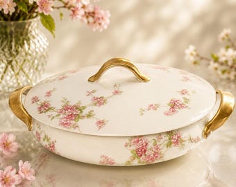 O&EG Royal Austria roze porseleinen groenteschaal met bloemenmotief uit de jaren 1900, 9x7x2,5 inch