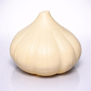 Op de afbeelding: Een grote, gebroken witte knoflookbol met verticale ribbels. De bol is glad en heeft een afgeronde vorm, met een licht puntige top. De achtergrond is schoon wit, wat de vorm van de knoflook benadrukt.