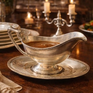 May include: A silver gravy boat filled with brown gravy, on a matching saucer. The boat has a decorative handle and rim. The scene is set on a dark wooden table, with plates and candles in the background.
