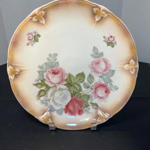 Antique 1900’s Porcelain Beige Hand Painted Roses Dish Plate, Germany, 12&quot;