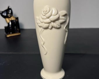 Lenox 1980s Rose Blossom Handcrafted Cream Vase 3D 24K Gold Trim