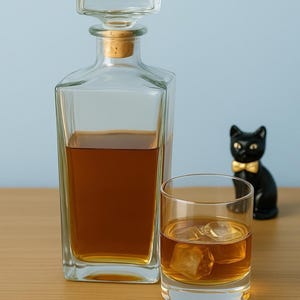 UG Scotland 1970s Clear Glass Liquor Bottle With Stopper, 10”