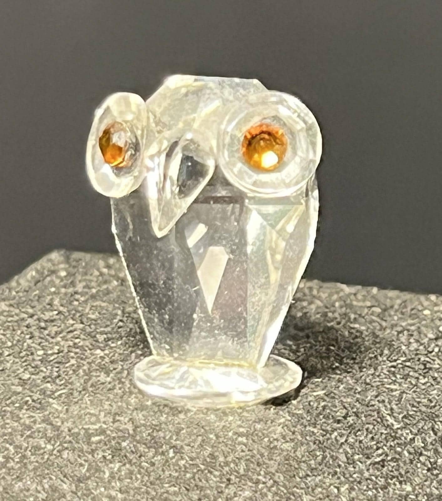 Vintage 1980s Clear Crystal Owl Figurine Amber Eyes, 1”