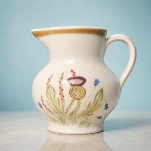 Buchan Portobello Scotland 1960s Pitcher Jug Thistleware Stoneware, 6x6.25”