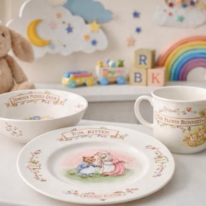 May include: A children's tableware set featuring a plate, bowl, and mug. The plate has a Tom Kitten illustration, the bowl reads "Jemima Puddle-Duck", and the mug says "The Flopsy Bunnies". Floral accents and pastel colors decorate the set.