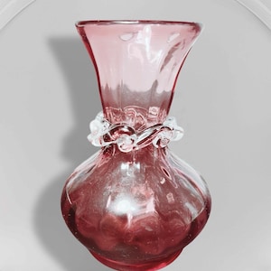 Pilgrim Glass USA 1980s Cranberry Art Glass Vase With Clear Ring, 2.5x5”