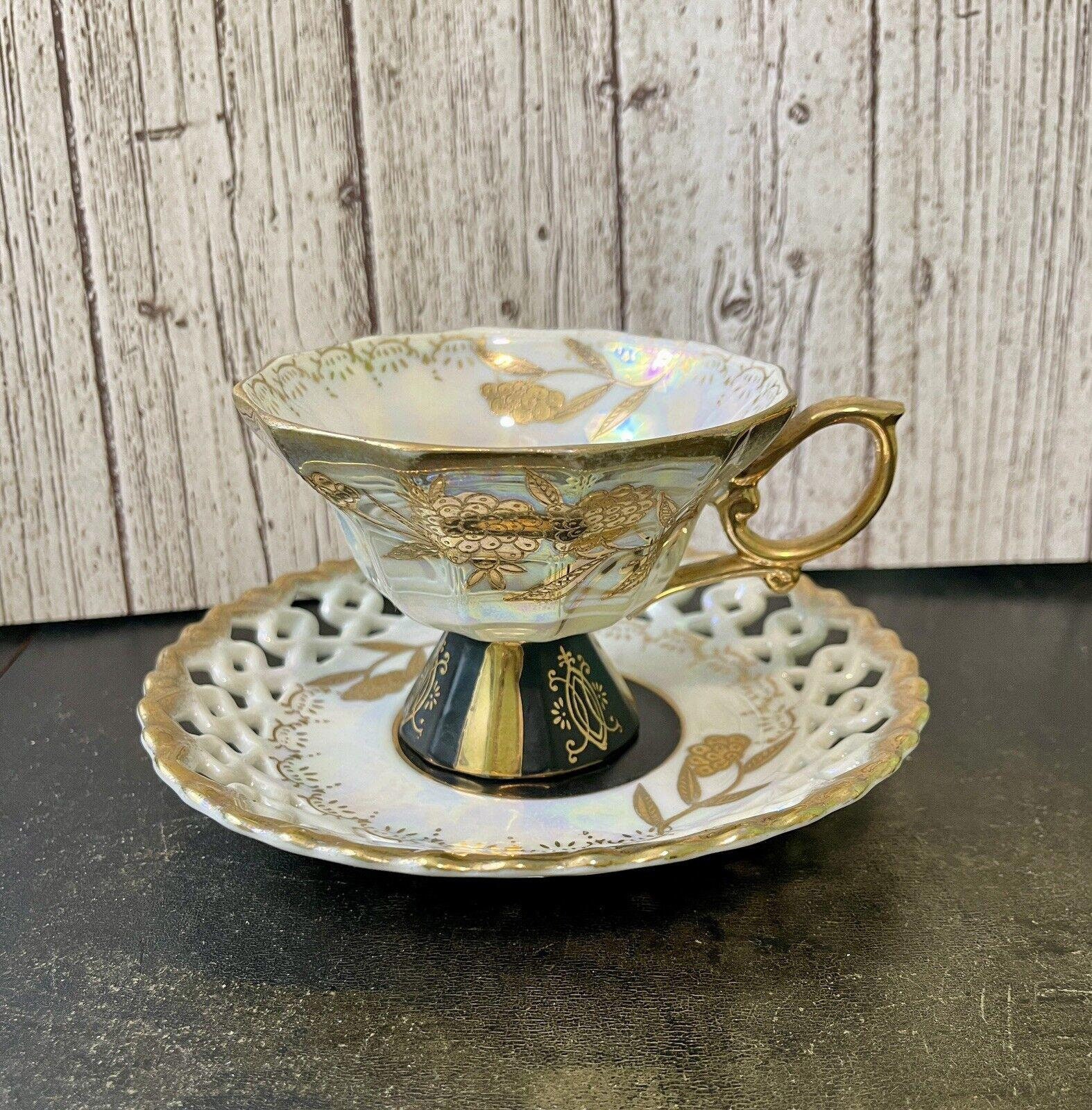 Royal Sealy Japan Vintage 1950's Black White Gold Cup Reticulated