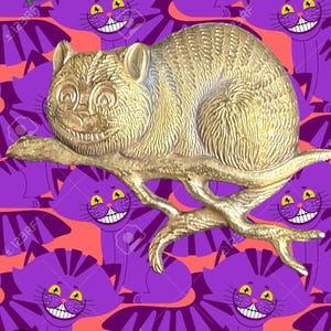 May include: A gold-colored sculpture of the Cheshire Cat from Alice in Wonderland, perched on a branch. The cat has a wide grin and is set against a background of repeating purple cat faces with yellow eyes and orange accents.