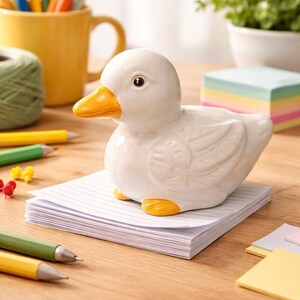 Puede incluir: Una figura de pato de cerámica blanca con pico y patas amarillas se encuentra sobre una pila de papel rayado. El pato está rodeado de material de oficina, incluyendo lápices, una taza amarilla y notas adhesivas. La escena está ambientada en un escritorio de madera.