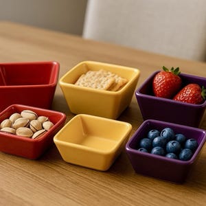 Puede incluir: Seis cuencos cuadrados de cerámica de colores sobre una mesa de madera. Los cuencos son rojos, amarillos y morados, y contienen pistachos, galletas saladas, fresas y arándanos. Los cuencos están vacíos.