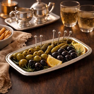 May include: A silver serving tray holds green and black olives, pickles, and lemon wedges, garnished with rosemary. Silver cocktail picks are inserted into the pickles. Two glasses of amber liquid are in the background.