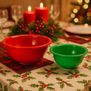 May include: A red and a green bowl sit on a table with a festive holiday theme. The red bowl is on a red and black plaid placemat. The table is decorated with candles, greenery, and a holly-patterned tablecloth.