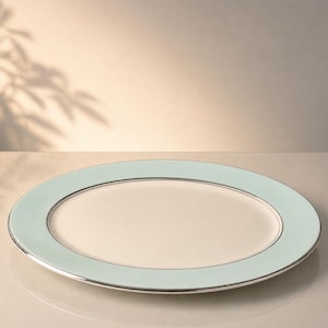 May include: A round dinner plate featuring a cream-colored center and a wide, pale mint green rim. The edge of the plate is finished with a thin, reflective silver metallic band that encircles the entire circumference of the dish.