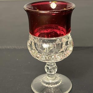 L.G. Wright EAPG 1950s Kings Crown Ruby Thumprint Floral Scroll Cordial Goblet