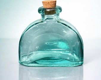 Spain Vintage 1980s Aqua Recycled Glass Cruet Apothecary Bottle Cork Stopper, 4”