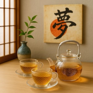 May include: A glass teapot and two teacups filled with tea on a wooden table. A small vase with a green plant and a painting with Japanese characters are in the background. The teapot has a metal handle.