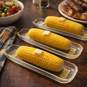 May include: Three ears of cooked corn on the cob, each with a square of butter, are presented on clear glass serving dishes. The corn is bright yellow, and the butter is a pale yellow. The dishes sit on a dark wooden table.