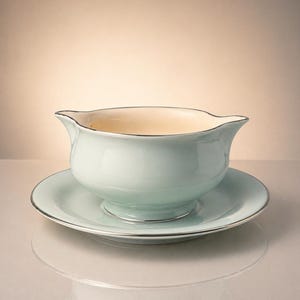 May include: A light mint green gravy boat with a matching saucer, featuring a smooth, rounded body, a wide pouring spout, and a delicate silver metallic trim along the rim of both the vessel and the base plate, set against a neutral background.