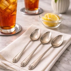 Può includere: Tre cucchiai d'argento con manici decorativi poggiano su un tovagliolo di lino bianco. Sullo sfondo, due bicchieri di tè freddo con fette di limone e cubetti di ghiaccio, insieme a una piccola ciotola di fette di limone e un vaso di fiori bianchi.