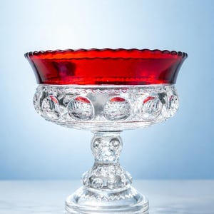 May include: A pedestal bowl featuring a deep red glass upper section with a scalloped rim and a clear glass base. The clear glass portion displays a textured pattern of raised circular dots and geometric detailing on the stem and footed base.
