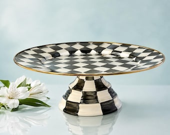 MacKenzie-Childs 2000s Pedestal Cake Stand Courtly Check Enamel Black White, 16”