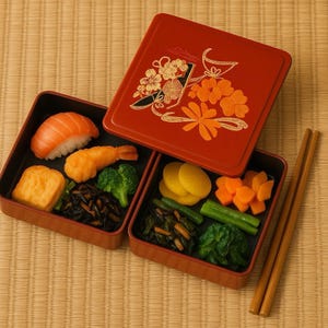 May include: A red and black bento box with a floral design on the lid, filled with sushi, shrimp, vegetables, and pickled items. Chopsticks are placed on the side. The bento box is on a woven mat.