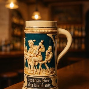Pode incluir: Um caneco de cerveja de cerâmica com base e alça creme, e um painel central azul-petróleo. O painel apresenta uma escultura em relevo de duas figuras, uma tocando um instrumento de cordas. O caneco tem o texto "Gesang u. Bier das lob ich mir."