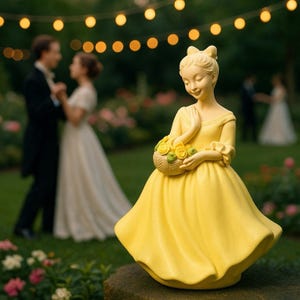 Op de afbeelding: Een gele beeldje van een vrouw in een vloeiende jurk, met een mandje met gele rozen. Het beeldje heeft een strik in haar haar en staat tegen een wazige achtergrond van een tuin met lichtslingers en dansende mensen.