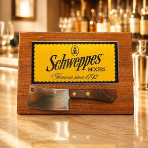 May include: A rectangular wooden plaque featuring a yellow sign with the black text Schweppes Mixers Famous since 1792 and a small circular logo. A metal cleaver with a dark brown wooden handle is mounted horizontally across the lower section.