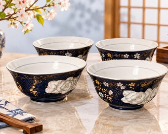 Kutani Japan 1970er-Jahre-Set mit 4 Reisschalen aus Chrysanthemen-kobaltblauem Porzellan