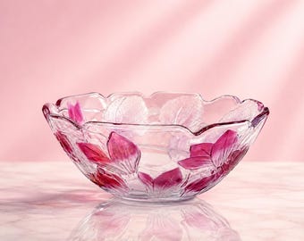 Bol de cristal transparente de Japón de los años 80, Casandra, arándano, lirios rosas, 12 x 5,25 pulgadas.