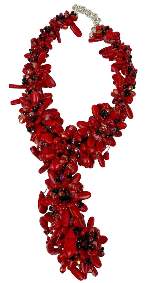 Vintage Statement Red Coral Necklace with Black an