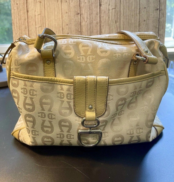 Etienne Aigner Vintage Signature Creme Logo Jacquard Beige Lederbesatz Schulter Geldborse Tasche Etsy