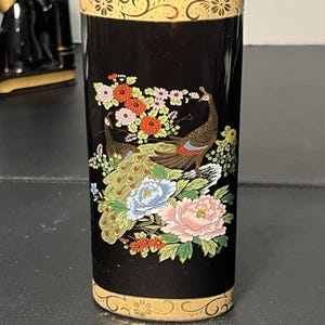 Japanese 1960s Satsuma Black Porcelain Vase Gilded Peacocks Flowering Garden