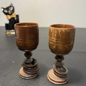 Antique 2 Hand Turned Wood 2 and 5 Captive Rings Wedding & Anniversary Goblets