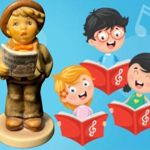May include: A ceramic figurine of a boy singing, holding sheet music, wearing a brown hat and coat. The background features cartoon children singing from red books with musical notes.